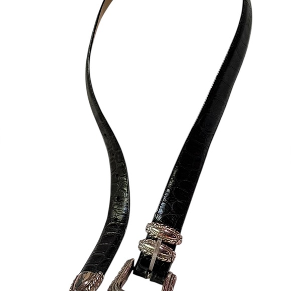 Vintage BRIGHTON Black Genuine Leather Croc Pattern Belt Unisex M - Picture 5 of 8